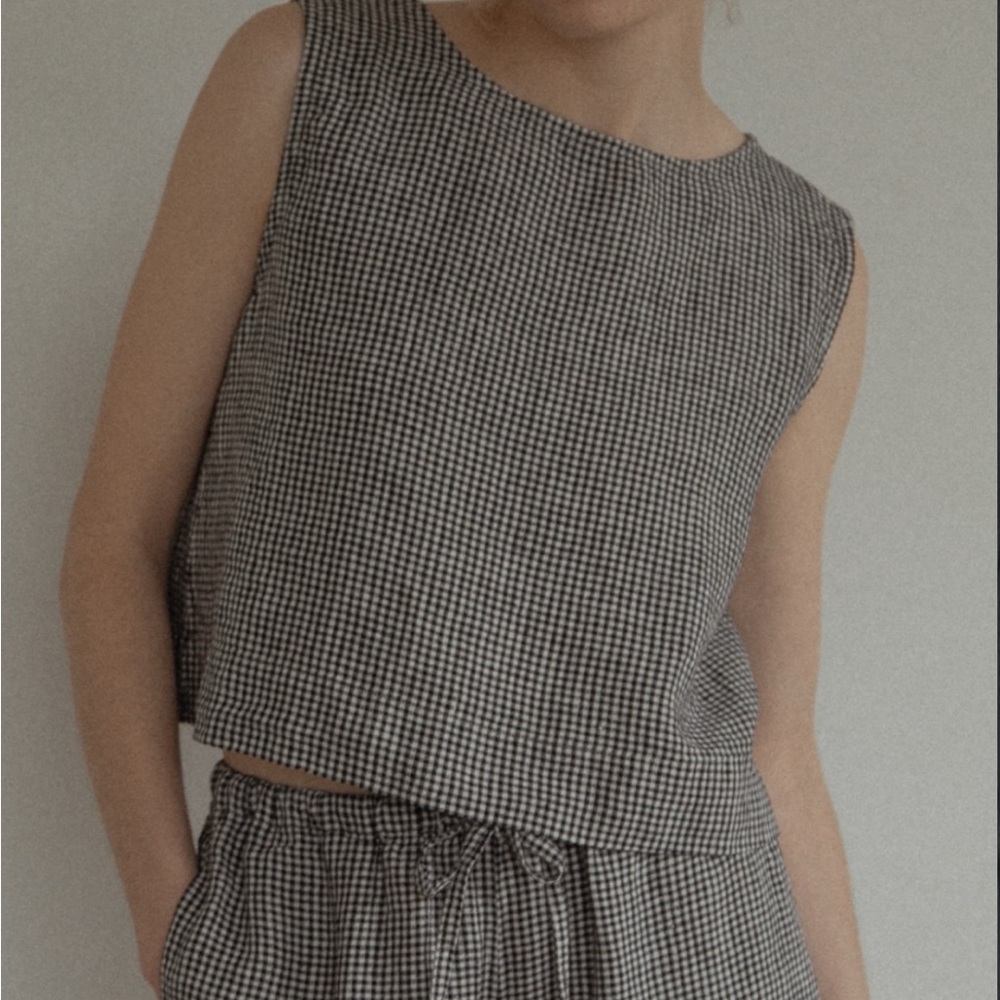 Gillian Stevens Finley Top Gingham Noir Size 2 Medium Large Linen Crop Top Tank - Picture 2 of 10